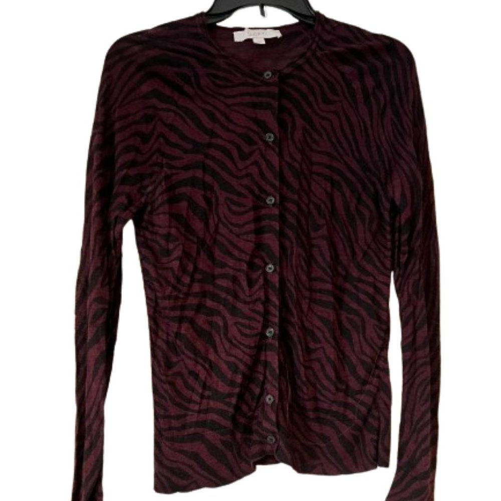 Loft Burgundy and Black Zebra Patterned, Semi-Sheer Cardigan - Large